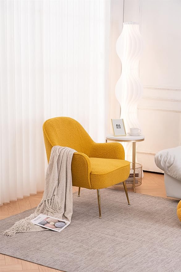 Modern Soft Green Teddy Fabric White Ergonomics Accent Chair Living Room Chair Bedroom Chair Home Chair with Gold Legs and Adjustable Legs Family Room Sofa Armchair Furniture for Indoor Home (Yellow)