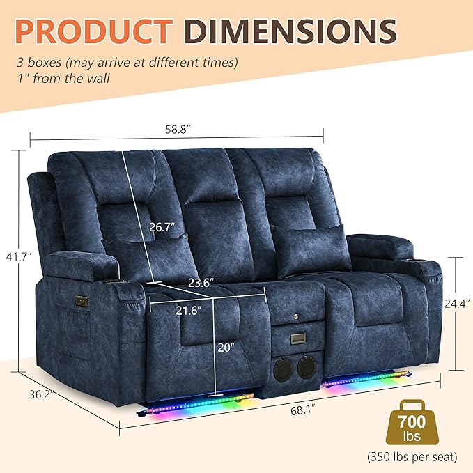Houjud Power Reclining Loveseat Recliner Sofa with Console Wall-Hugger RV Couch with USB Ports Cup Holders Bluetooth Speakers &amp Ambient Lighting for Home Theater or Camper Velvet Blue