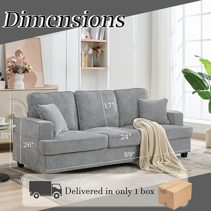 Three Seater Couch for Living Room Sofa Couches with Deep Seat &amp Armrest Comfy Modern Sofas in Chenile for Living Room Bedroom Office Apartment Pewter