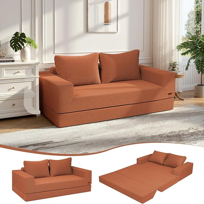 COMAX Convertible Sofa Bed Queen Corduroy Folding Floor Couch Pull Out Couch Bed Futon Sleeper with Pillows Fold Out Boneless Sofa Comfy Lounge Mattress Loveseat for Living Room Bedroom