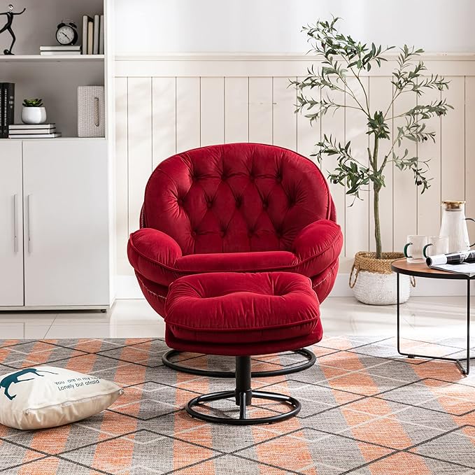 Accent Chair TV Chair Living Room Chair with Ottoman Dark RED