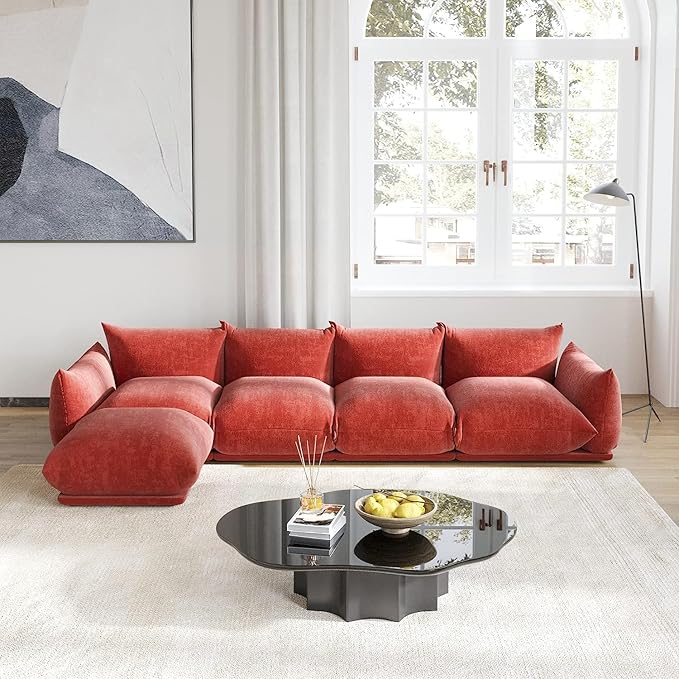 JACH Mid-Century Comfy Ottoman Chenille Sofa Footrest Couch with Thick Cushion 26 Foot Stool Furniture for Small Spaces Living Room Bedroom Office Apartment Red