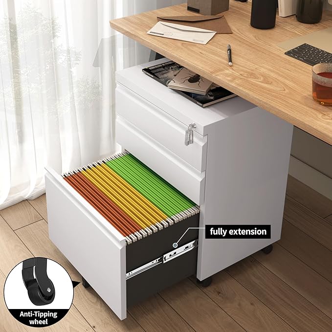 Mobile File Cabinet for Home Office Lockable 3 Drawer Filing Cabinet with Wheels for A4-Size/Letter-Size/Legal-Size Fully Assembled Except Casters White