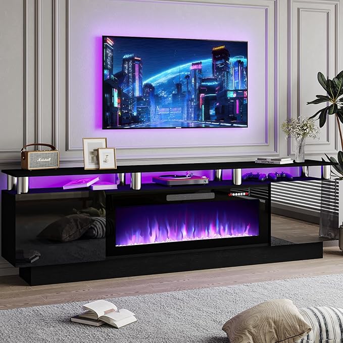 70 Modern Fireplace TV Stand with 36 Electric Fireplace for TVs Up to 80 inch Luxury LED Light Entertainment Center with High Gloss Cabinet TV Consoles for Living Room Black