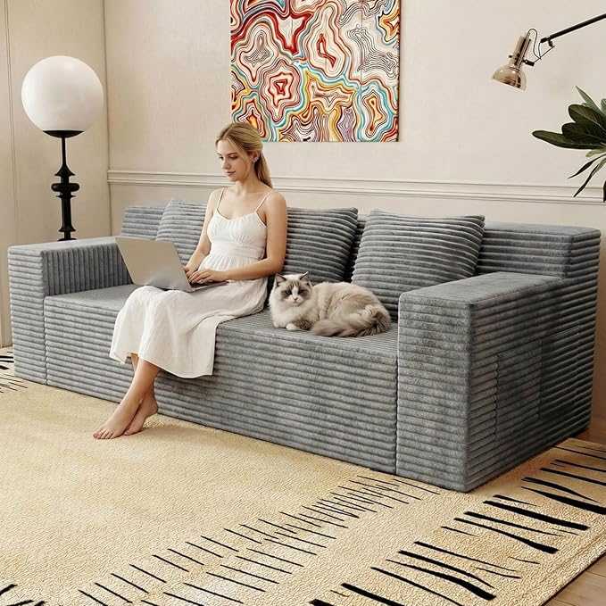 71 Love Seat Couches Corduroy Boneless Loveseat with Deep Seats 2 Seat Couch Apartment Size Couch with 3 Pillows&ampSide Pockets for Bedroom Office No Assembly Required Light Gray
