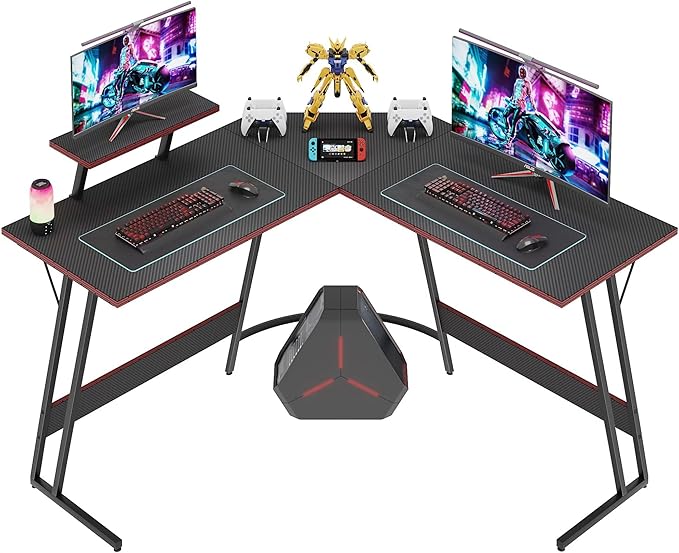 Shahoo L Shaped Gaming Desk 47 Inch Computer Corner Table with Large Monitor Stand &amp Carbon Fiber Surface for Home Office Study Writing Workstation 47 in Black