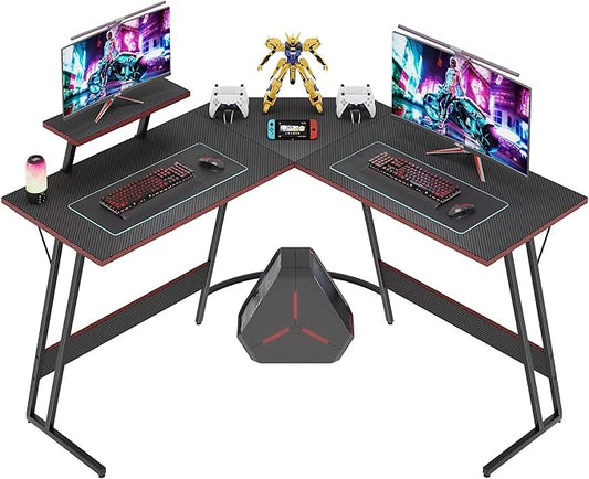 Shahoo L Shaped Gaming Desk 47 Inch Computer Corner Table with Large Monitor Stand &amp Carbon Fiber Surface for Home Office Study Writing Workstation 47 in Black