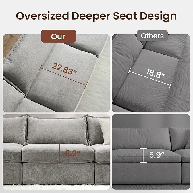 118.5 Modular Sectional Sofa Down Filled Cloud Couch with Storage Ottoman Oversized L Shaped Couch with 2 Pillows 4 Seats Sectional Couches for Living Room Apartment Light Grey