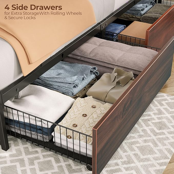 Rolanstar Twin Bed Frame with 4 Storage Drawers &amp 2-Tier Storage Headboard Metal Platform Bed Frame with Charging Station &amp LED Lights Noise-Free No Box Spring Needed Easy Assembly Espres