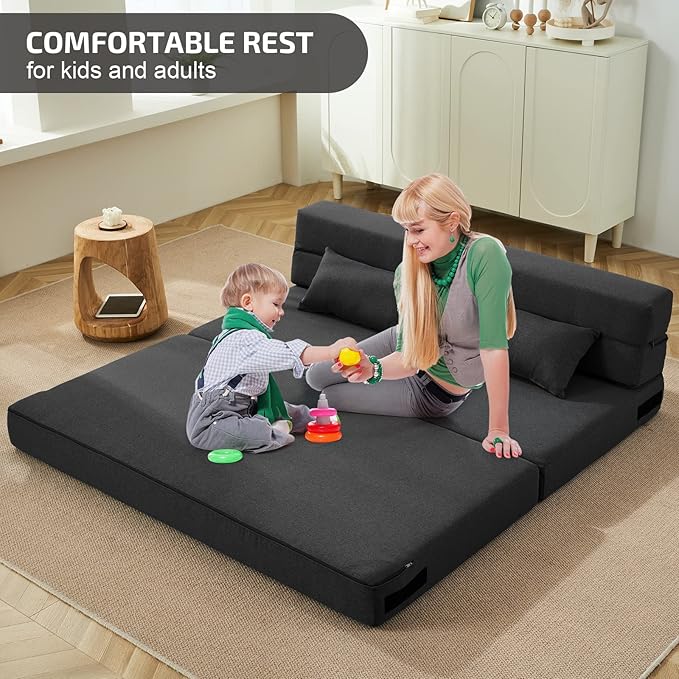 Folding Sofa Bed with Pillows- Convertible Chair Floor Couch &amp Sleeping Mattress Foldable Memory Foam Sleeper for Living Room/Dorm/Guest Room/Home Office/Apartment/Loft Queen Dark Gray