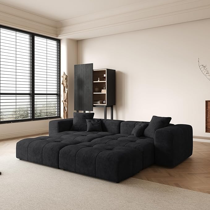 104 Love Seat Couch with Chaise Ottomans Modular Sectional Sofa Cloud Couch with Deep Seats Breathable Linen Fabric Sectional Couches for Living Room/Bedroom/Apartment Simple Assembly Black