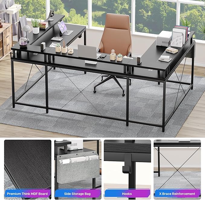 U Shaped Desk 79 Reversible L Shaped Desk and Long Gaming Desk with Storage Shelf &amp Power Outlets &amp LED Lights Corner Computer Desk with Monitor Stand and Side Storage Bag for Home Office