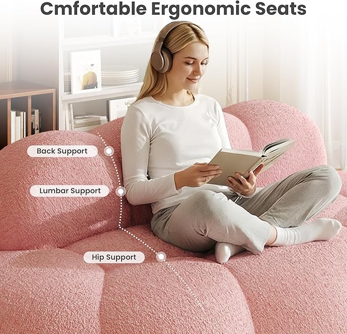 90 Curved Pink Boucle Couch Comfy Cloud Shaped Boneless Couches for Living Room Modern Deep Seat Loveseat Lazy Floor Sofa for Bedroom Apartment Small Space (No Assembly)