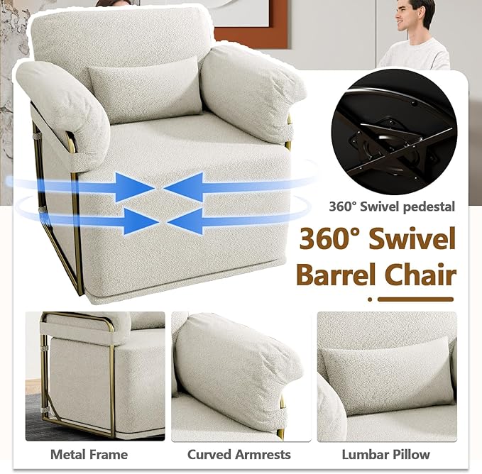 Swivel Accent Chairs 360 Swivel arm Chairs for Bedroom Club Chair with Back Gold Frame Tall Base for Office and Living Room (Beige)