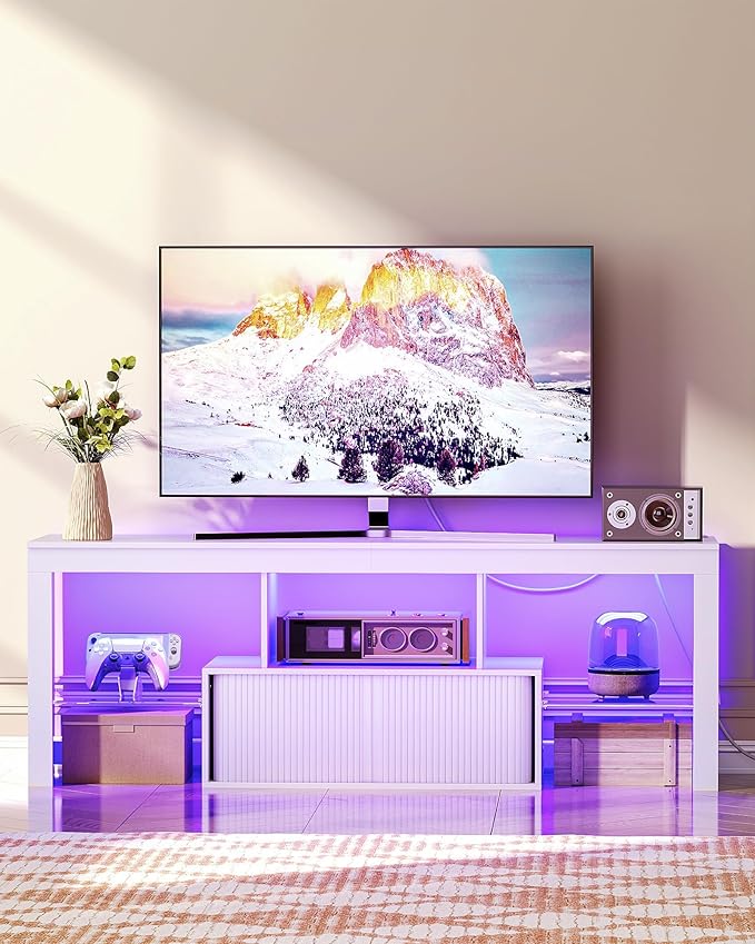 TV Stand with Power Outlet Modern TV Cabinet for 55 60 inch TVs Media TV Console with LED Light Strip Media Entertainment Center with Storage for Living Room Bedroom White MDS02UDWB