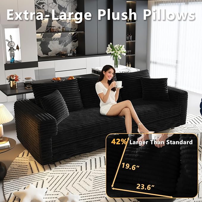 82.7 Oversized Cloud Couch Convertible 3 Deep Seat Upholstered Sofa Couch 2 in 1 Plush Corduroy Sofa with 5 Soft Pillows Modern Modular Sectional Couches for Living Room Apartment Black