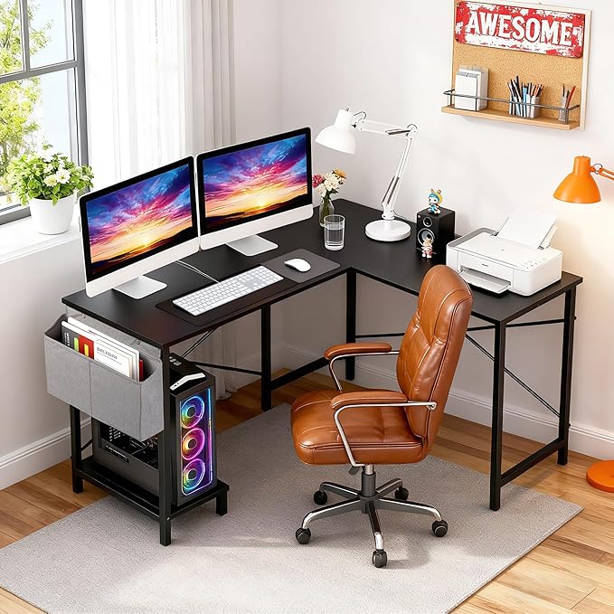 PayLessHere 50 Inch L-Shaped Computer DeskGaming Desk with Durable Metal FrameCorner Desk with Side Storage Bag &amp CPU Stand for Home Office Gaming StudyBlack