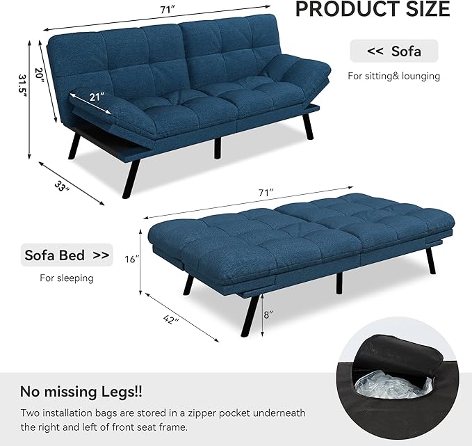 Vipbear 71 Convertible Futon Sofa BedLinen Fabric Futon Couch with Detachable CushionAdjustable Backrest &amp ArmrestModern Loveseat Sleeper Recliner for Living RoomOfficeApartmentRetro Blue
