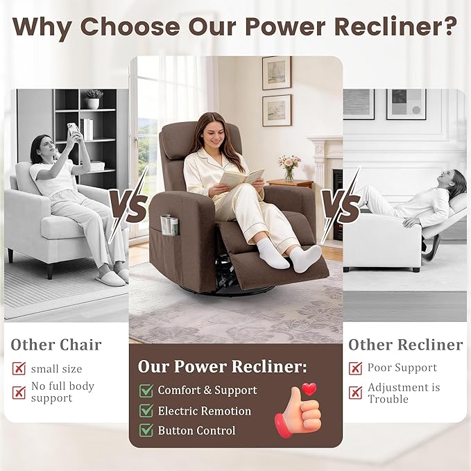 Power Swivel Recliner Chairs for Adults Electric Glider Rocking Chair Nursery Glider Recliner Nursery Chair with Classified Side Pocket Nursery Rocking Chairs with USB and Type-C Ports