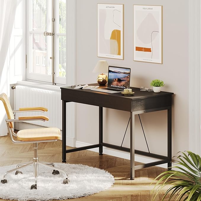 Mexin Small Black Desk with 2 Wooden Drawers 40 Inch Home Office Writing Desk Black Vanity Desk with Storage Computer Desk for Bedroom Small Spaces Table for Office Work Kids Study Makeup