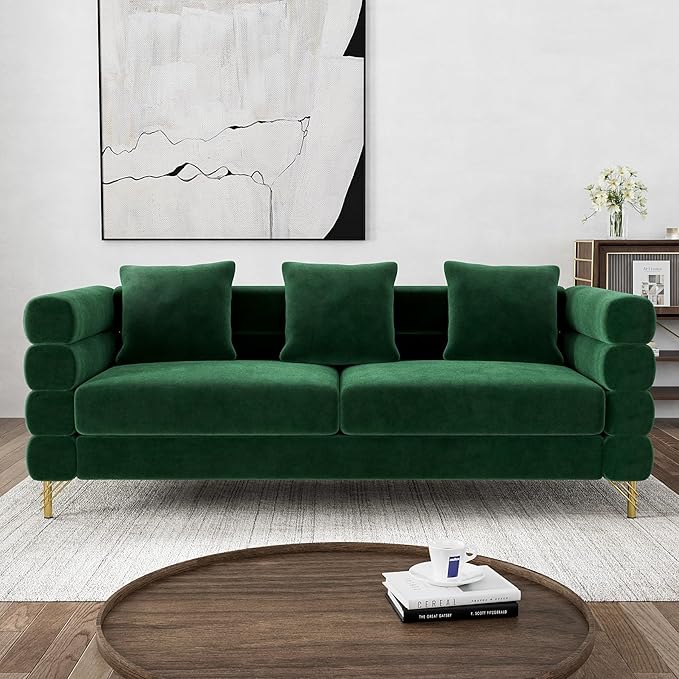 Cloud Couch for Living Room 79 Modern Overstuffed Deep Seat Velvet 3 Seater Sofa with 3 Pillows Comfy Upholstered Oversized Loveseat for Bedroom Office Emerald Green Velvet