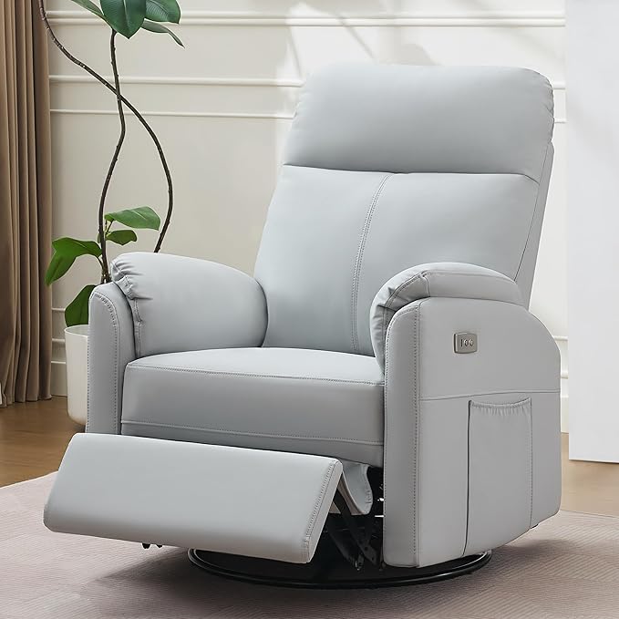 Power Glider Recliner Nursery Rocking Chair with USB Ports Glider Chair with Lumbar Pillow for Living Room Glider Swivel Recliner Chair for Nursery(Gray)