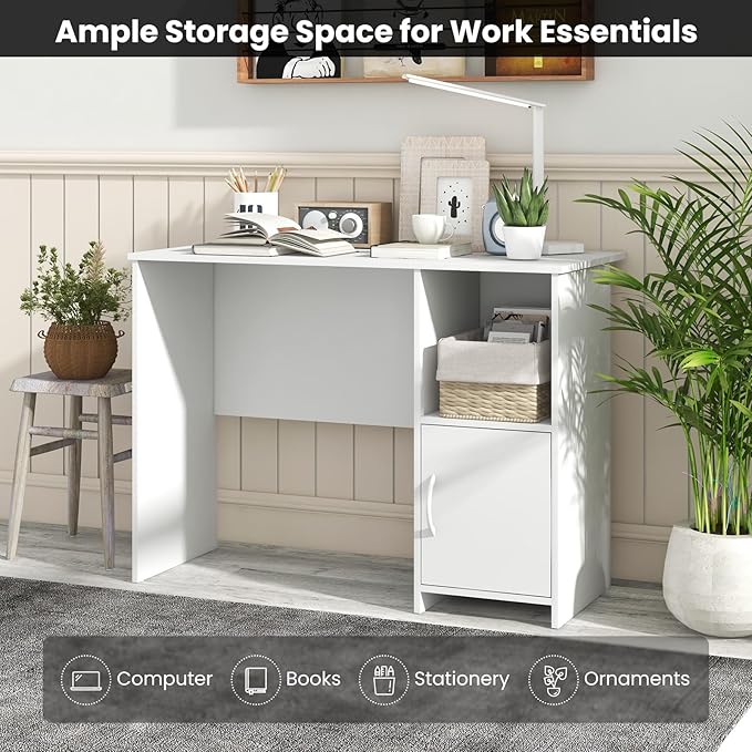 COSTWAY 42” White Home Office Desk Modern Computer Workstation with Open Compartment &amp Cabinet Compact Writing Desk with Cable Holes for Bedroom Study Room Dorm