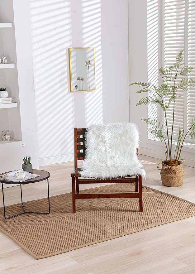 Solid Wood Frame Chair with White Faux Wool Modern Accent Chair Lounge Chair for Living Room
