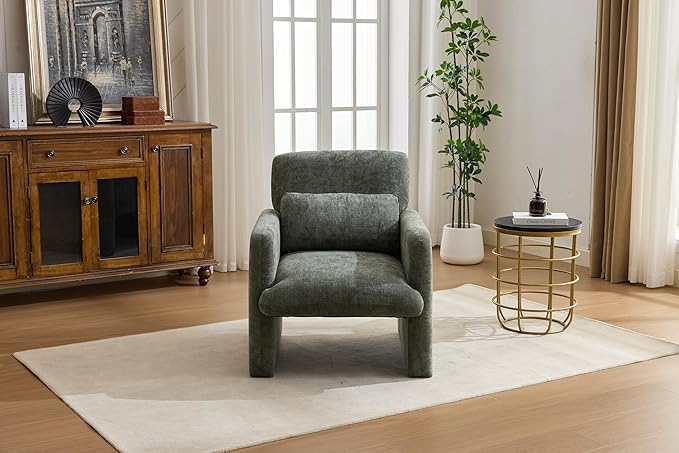 GDFStudio 30 Modern Accent Chair Upgrade Leisure Boucle Upholstered Armchair with Straight Arms and Waist Pillow Comfy Single Sofa Chair for Living Room Bedroom Office Apartment Antique Green