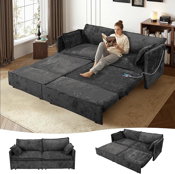 73 Sleeper Sofa Bed 3-in-1 Pull Out Couch with USB/Type-C Charging &amp Side Pockets Convertible Chenille Loveseat Chaise Lounge Space-Saving Sofa for Living Room Black