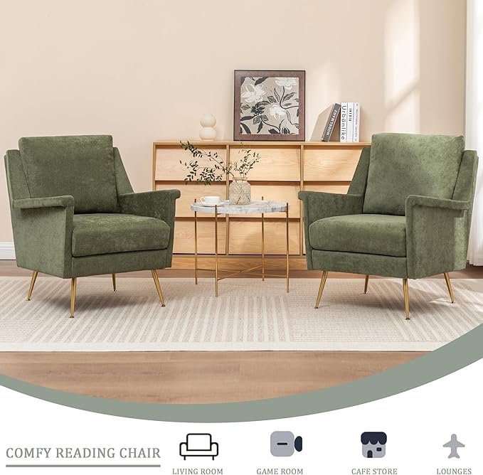 Accent Chair Mid Century Modern Living Room Chairs with Gold Metal Legs Green Wingback Arm Chairs for Bedroom Fabric