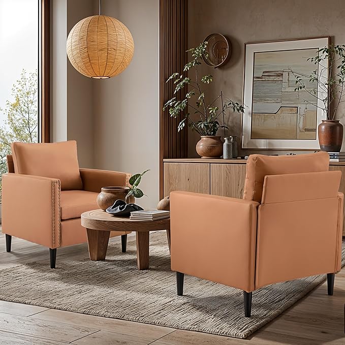 Sepnine Modern Accent Chair Mid-Century Faux Leather Armchair for Living Room Comfy Upholstered Club Chair Sofa Chair with Decorative Rivet Accents for Bedroom Reading Room (Brown 1 Pack)