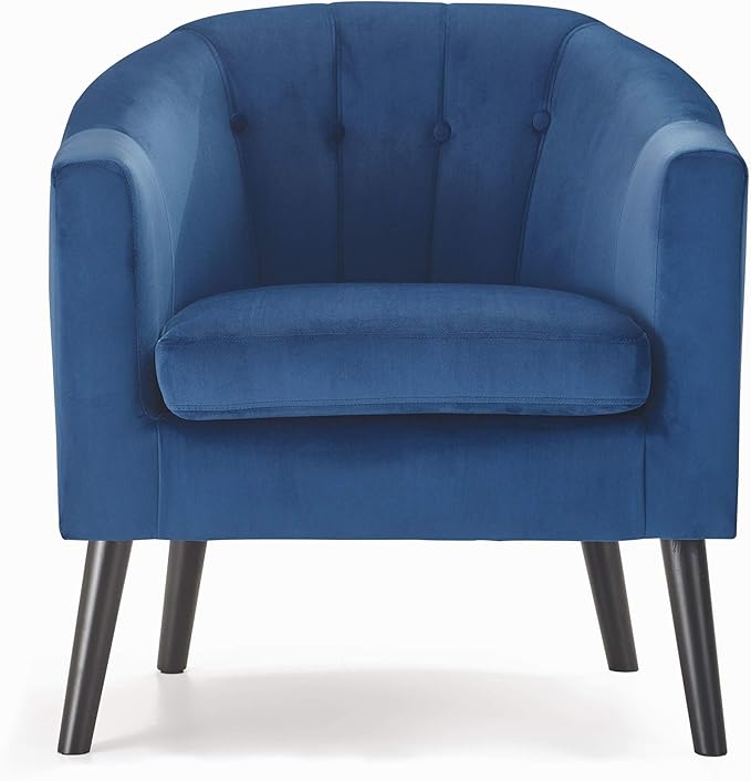 Ivey Barrel Chair Button Tufted Plush Back Cushion Luxury Black Wooden Legs Modern Living Room Upholstery Accent Furniture Blue Velvet