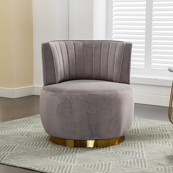 360° Swivel Barrel Accent Chair Gray Round Club Arm Chair with Metal Base Modern Single Sofa Seating Velvet Reading Seat in for Living Room Bedroom Office (Grey)
