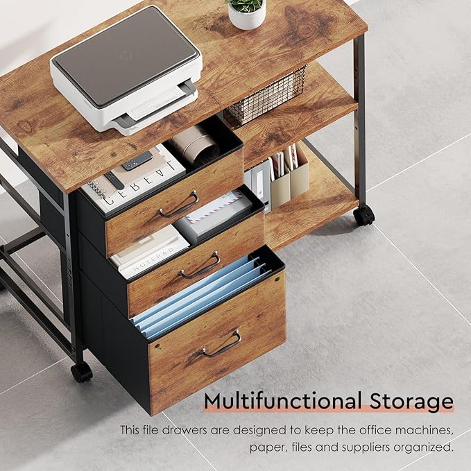 3 Drawer File Cabinet with Wheels Rolling Printer Stand with Open Storage Shelf Fabric Lateral Filing Cabinet for Home OfficeRustic Brown2