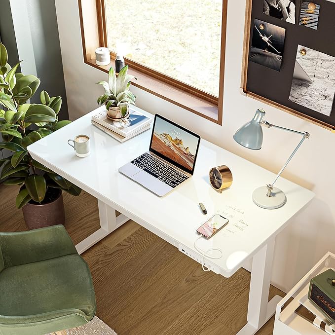BANTI Electric Standing Desk with Drawers 55 inch Whole-Piece Glass Desktop Height Adjustable Stand up Sit Stand Home Office Ergonomic Workstation White Tabletop