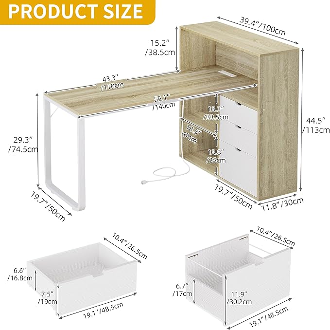 DWVO L Shaped Desk with Drawers 55 Corner Computer Desk with Bookshelf &amp Power Outlets &amp LED Lights Home Office Desk with Storage Shelves Oak &amp White