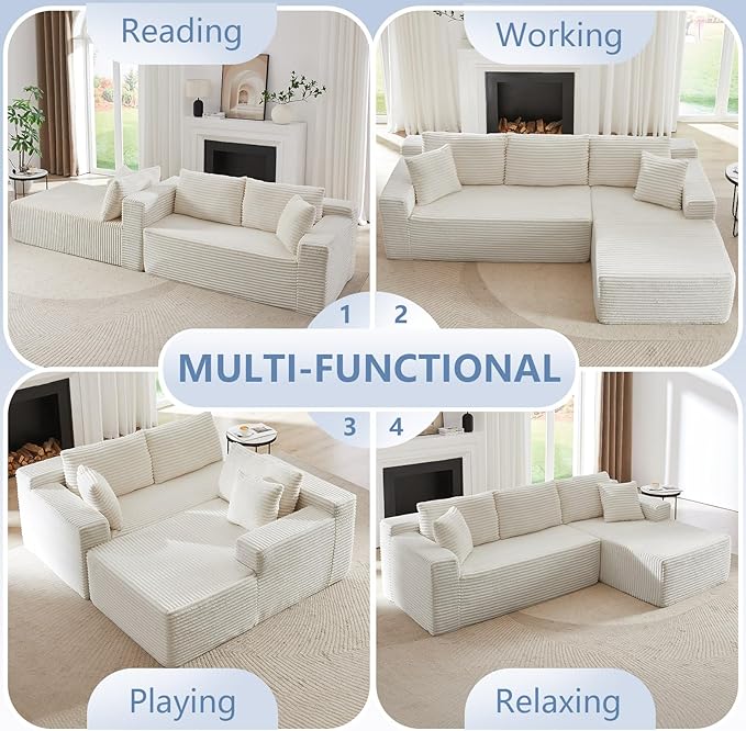 103 L-Shape Cloud Couch with Chaise Upholstered Corduroy Modular Sectional Sofa Deep Seat Couch with Free Combination for Living Room &amp ApartmentNo Assembly Required(WhiteRight Facing Chaise)