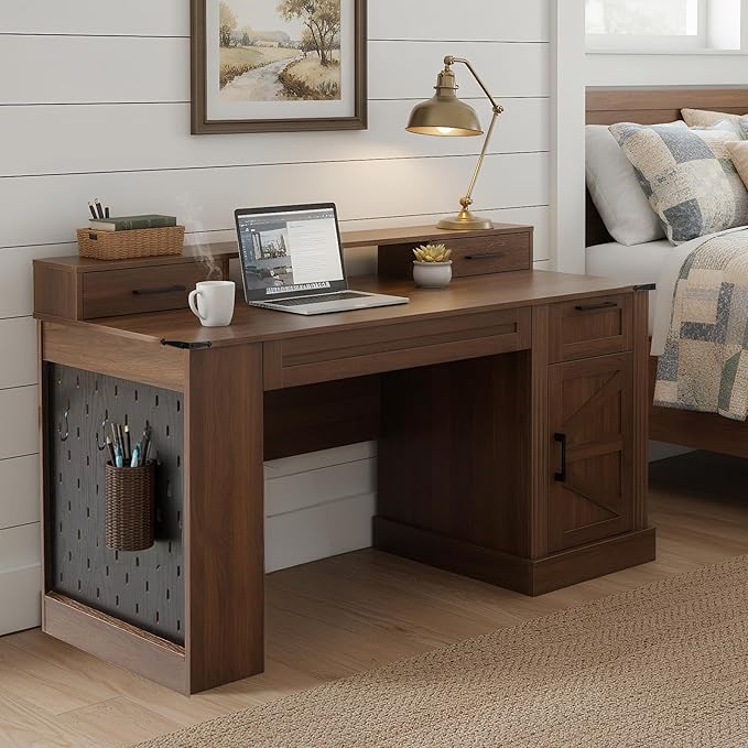 RiteSune 55 Farmhouse Computer Desk with Power Outlets Removable Monitor Stand with Drawers Keyboard Tray &amp Storage Cabinet Home Office Writing Desk with Pegboard Organizer
