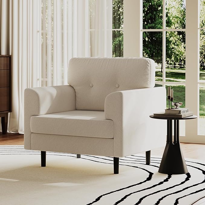 38 Modern Single Sofa Linen Upholstered Armrest Accent Chair with High-Density Foam &amp Fixed ArmrestsComfortable Armchair Upholstered Reading Chair for Living Room Bedroom &amp OfficeBeige