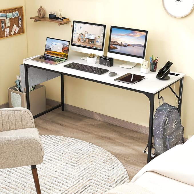 Giantex 60 Inch Computer Desk with Charging Station Home Office Writing Desk with Storage Bag &amp Headphone Hook Large Gaming Table PC Workstation Modern Simple Laptop Desk for Bedroom Study