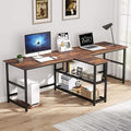Tribesigns 90.5 inch Computer Desk Extra Long Two Person Desk with Storage Shelves Double Workstation Office Desk Study Writing Desk for Home Office (Brown 90.5x21.7 in)