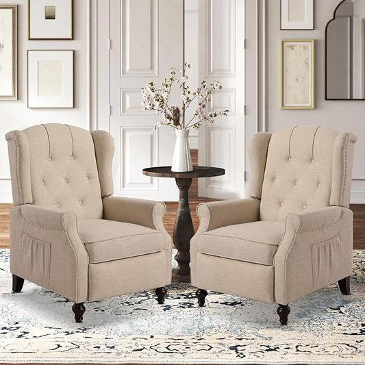 Wingback Recliner Chair with Massage and Heat Tufted Fabric Push Back Arm Chair Recliner Chair for Living Room Bedroom Home Theater (2Beige)