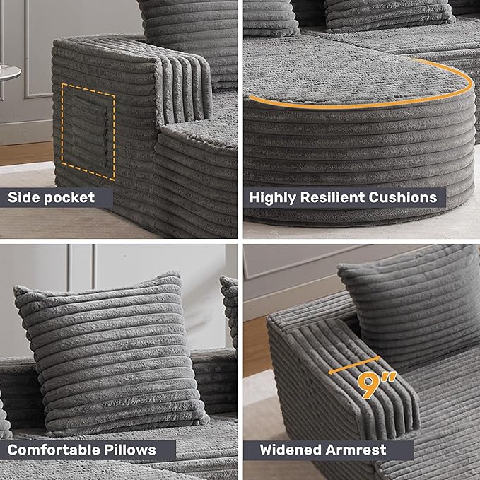 Boneless Cloud Couch Modular Sectional Sofa L-Shape with Chaise 102 Soft Faux Fur Deep Seat &amp 3 Pillows &amp 2 Side Pockets for Living Room Bedroom (Gray Left Chaise)