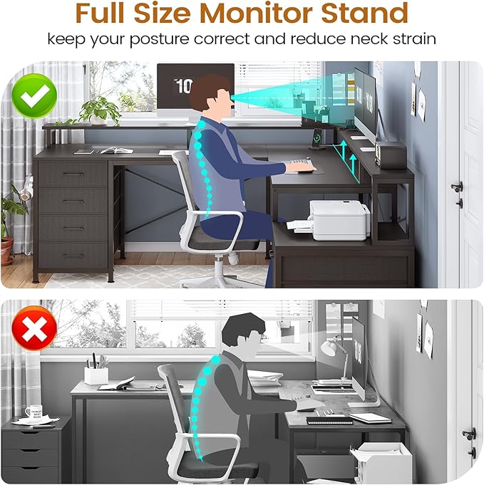SEDETA L Shaped Desk with 6 Drawer 108 Home Office Desk with File Drawer &amp Power Outlet Corner Computer Desk with Monitor Shelf File Cabinet Two Person Desk Gaming Desk with Led Lights Blac