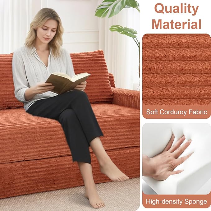 GNIXUU Corduroy Cloud Loveseat Sofa 2 in 1 Convertible Sleeper Sofa with Fixed-Shape Frame Comfy Folding Boneless Love Seat Couches for Living Room Apartment Small Spaces. Orange
