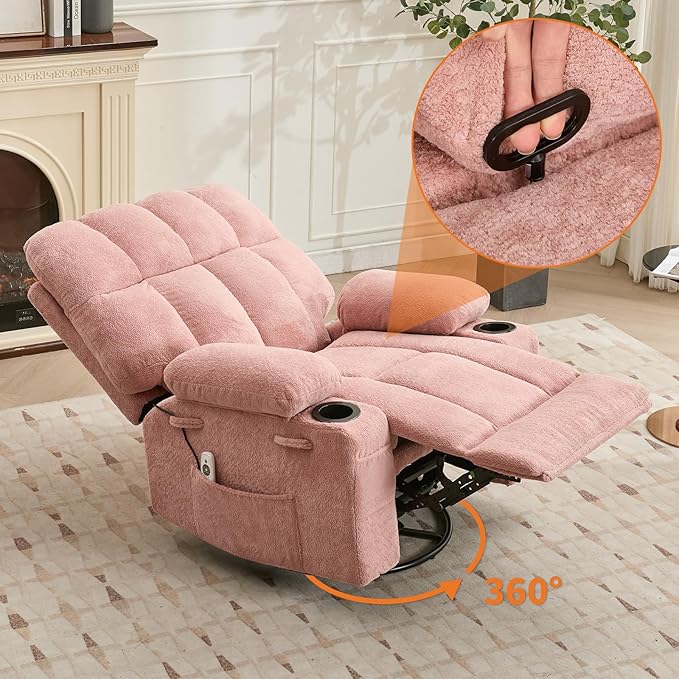 IDEALHOUSE Rocking Recliner Chair with Heat 38.5 Oversized Swivel Rocker Recliner with Massage Side Pockets &amp Cup Holders Reclining Sofa for Living Room Bedroom (Pink Linen)