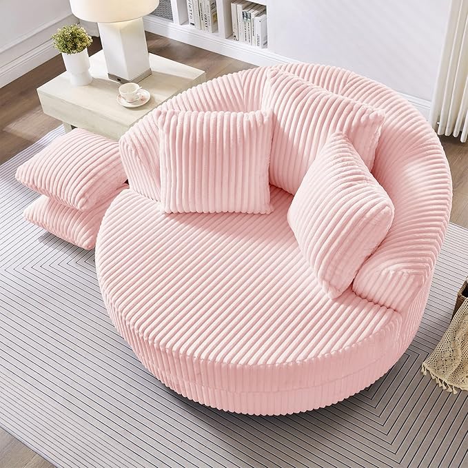 360 Degree Oversized Swivel Chair 50 Round Lounge Chair Modern Accent Circle Chair W/ 5 Pillows Upholstered Corduroy Sofa Chair for Living Room Bedroom Apartment Pink