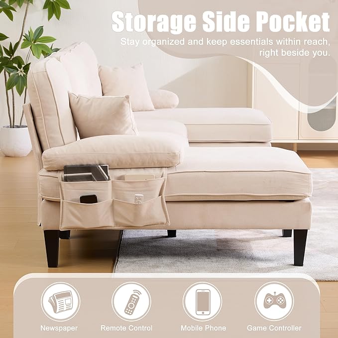 100'' U-Shaped Sectional Sofa with Double Chaise Minimalist 4-Seater Couch with 2 Pillows Sofa Set with Arm &amp 2 Side Pocket for Living Room Apartment (Beige)