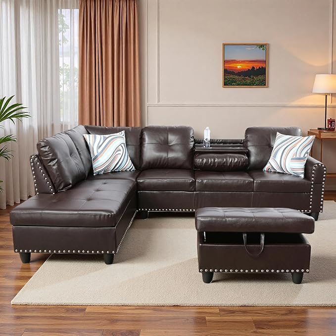 L-Shaped Sectional Sofa with Movable Chaise &amp Storage Ottoman Leather 3-Piece Modular Convertible Couches for Living Room Apartment &amp Office Brown